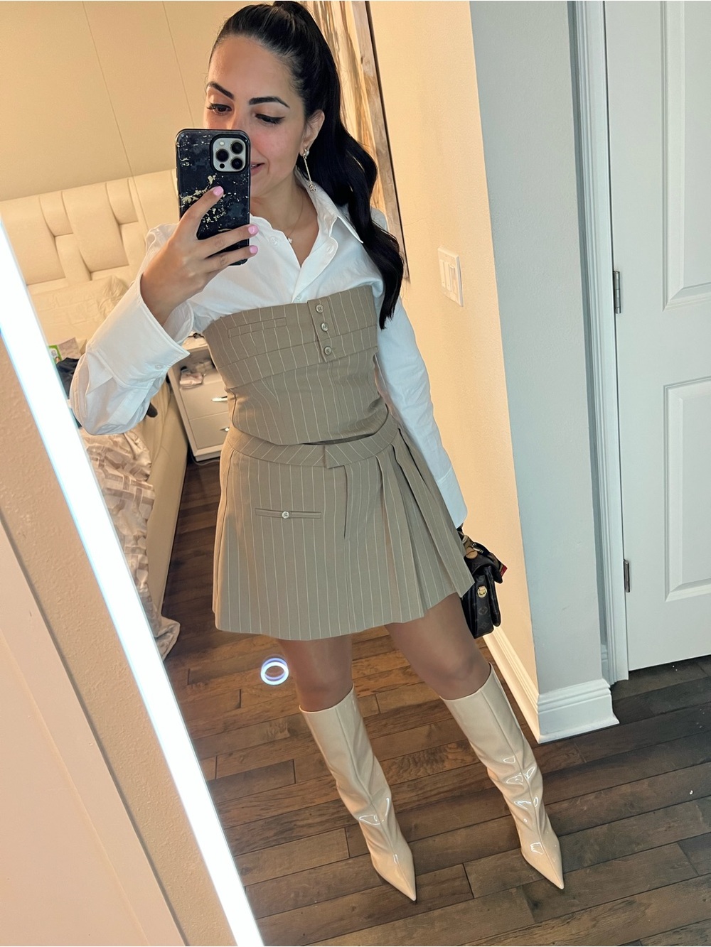 Zara Tan Pinstripe Pleated Set 
Top and skirt